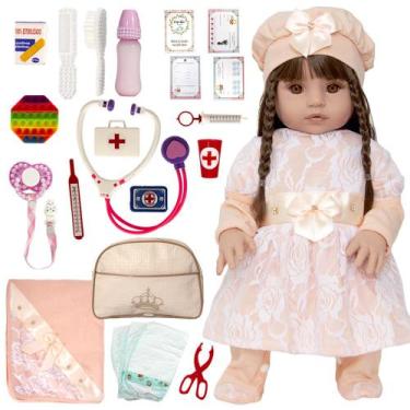 Imagem de Baby Reborn Princesa Cabelo Castanho Roupa Salmão com Itens - Cegonha 