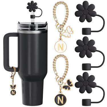 Imagem de ANLABESY, compatível com acessórios para copo Stanley, 3 peças de tampa de canudo preto para copo Stanley, 2 peças de letras fofas para copo Stanley de 890 ml e 1.180 ml com alça(N)