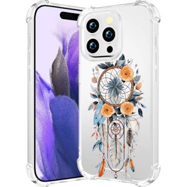 Imagem de CCFUNCASE Compatível com iPhone 16 Pro Max capa transparente fofa para mulheres - capa de telefone robusta para 16 Promax (apanhador de sonhos azul apanhador de sonhos penas flores florais folhas)