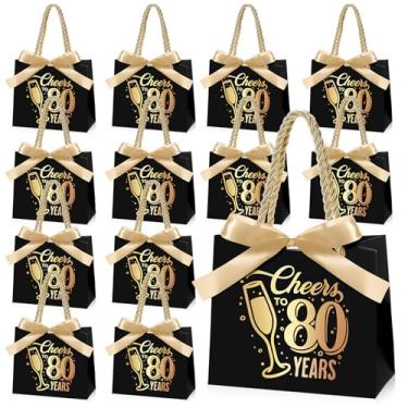 Imagem de Clysee 25 unidades de sacolas de presente de aniversário de 80 anos com alças pretas e douradas, sacolas de lembrancinhas de festa a granel para aniversário, casamento, aniversários, decorações para
