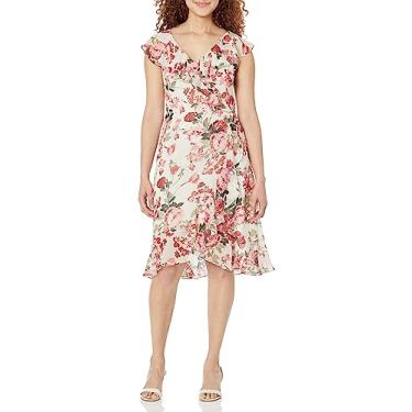 Imagem de London Times Vestido feminino curto de chiffon acima do joelho com babados para convidadas para chá de casamento, Creme/vermelho, 42