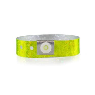 Imagem de Pulseiras de plástico holográfico amarelo 100 Wristco para eventos – uso prolongado, cor brilhante evita a reutilização – Pulseiras de grau premium para identificação hospitalar e médica, festa e