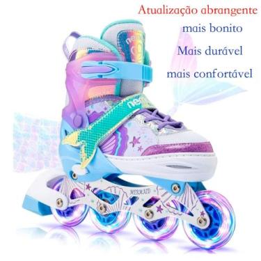 Imagem de Patins Infantil Roller Inline Roxo Sereia Ajustável Com Luz De Led Cri