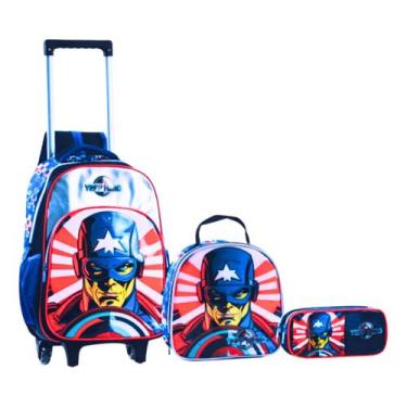 Imagem de Kit Mochila Escolar Capitão Herói Rodinhas Estojo Lancheira, Prata