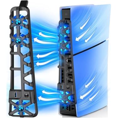 Imagem de Ventilador de resfriamento fino para PS5, sistema de resfriamento eficiente com ventiladores de resfriamento de 5500 RPM e luz LED para PlayStation 5 Slim, acessórios PS5 Slim Cooler Fan com hub USB