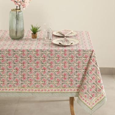 Imagem de Labhanshi Toalha de mesa floral indiana com estampa de bloco de mão | Capa de mesa 100% algodão | 152 x 232 cm, 6 lugares, rústico, casa de fazenda, boho, dia dos namorados, decoração festiva para