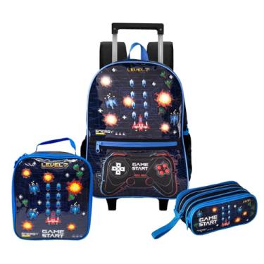 Imagem de Kit Mochila Rodinhas Lancheira Estojo Game Atari Pisca Pisca