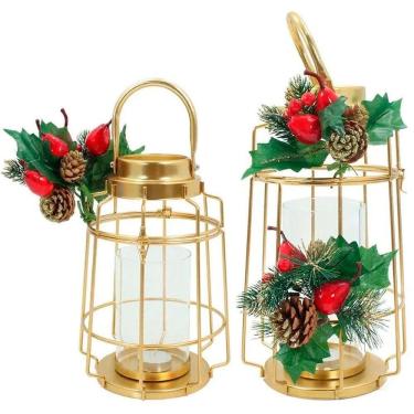 Imagem de Kit 2 Lamparinas Natal Dourada Em Metal Decorativa 30cm 36cm