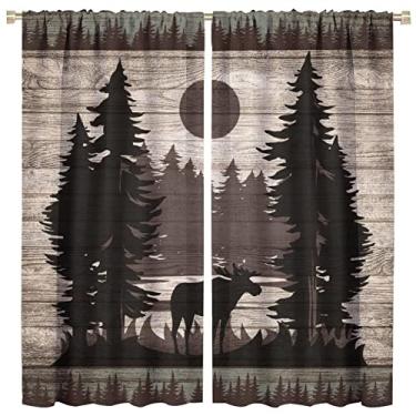 Imagem de Cortinas blackout rústicas de veado para quarto - cabana retrô vida selvagem alce preto floresta lua vintage placa de madeira tratamento de janela, cortinas de escurecimento de quarto com bolso de