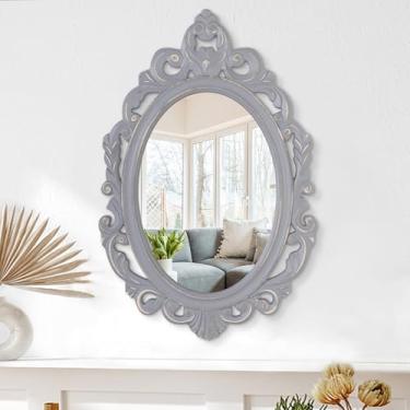 Imagem de Espelho de parede vintage suspenso decoração de parede 71 x 50 cm moldura oval antiga de madeira esculpida espelho de banheiro espelho rústico montado na parede espelhos decorativos de fazenda para
