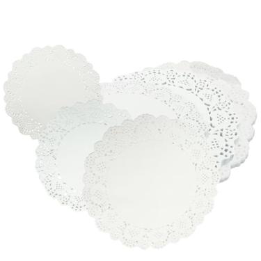 Imagem de Bonsicoky Pacote com 150 guardanapos de papel de renda branca tamanhos variados - 15,5 + 21,5 cm + guardanapos de 26 cm para comida - Jogo americano de papel redondo para decoração de festa de