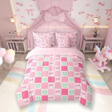 Imagem de Conjunto de cama solteiro com estampa de sapo de desenho animado de 7 peças, laço rosa e nó de borboleta, quadriculado geométrico, xadrez, patchwork, fofo (edredom + elástico + lençol de cima + 2