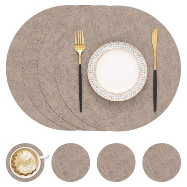 Imagem de Homing Jogo americano redondo de couro sintético e porta-copos conjunto com 4 - tapetes laváveis e resistentes ao calor, tapetes de mesa dupla face limpáveis para ambientes internos e externos,