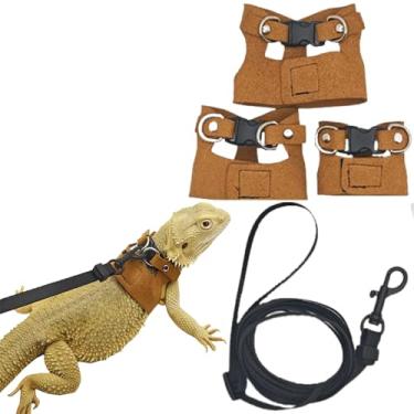 Imagem de Pacote com 3 arreios e coleiras de dragão barbudo – Peitoral de couro macio ajustável para lagarto de caminhada para ratos répteis esquilos (marrom, com coleira normal)