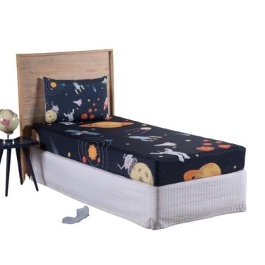 Imagem de Jogo Lençol Roupa Cama Fronha Elastico Solteiro 2 Pçs Quarto Infantil Criança Menino Astronauta Marinho