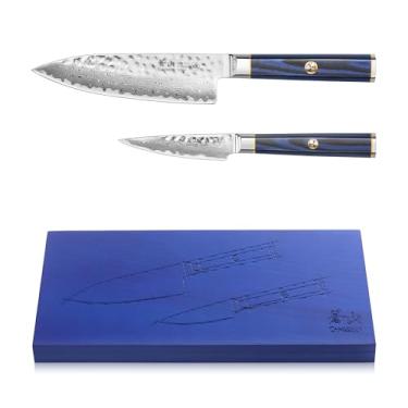 Imagem de Cangshan Conjunto De 2 Facas Para Iniciantes Da Série Kita (15 Cm Para Chef + 8,9 Cm Para Descascar) Com Caixa De Madeira De Freixo, Aço Damasco X-7 De Alto Carbono, 501523 (2 Peças)