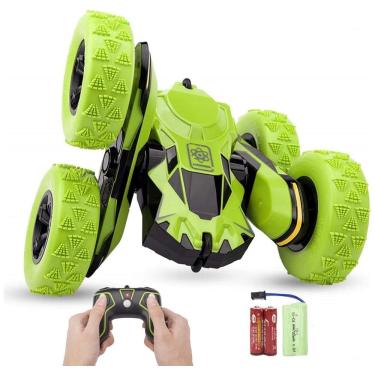 Imagem de Mini Caminhão RC Verde Recarregável com Luzes LED, Controle Remoto Haktoys - Acrobacias, Rodopio e Capotamento, Modo Silencioso