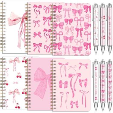 Imagem de Resurhang Pacote com 6 cadernos de bolso espiral, laço rosa, laço coquete, A6, cadernos pequenos, lindos diários estéticos com canetas esferográficas retráteis para escritório, dia escolar, sala de