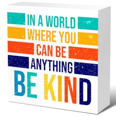 Imagem de LVQHI Placa inspiradora de prateleiras de saúde mental, In A World Where You Can Be Anything Be Kind Placa de bloco de madeira, sinal de caixa de madeira para adolescentes para terapeuta, escritório