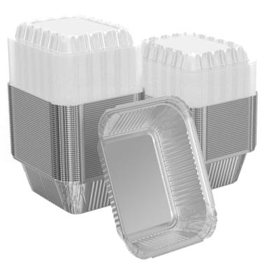 Imagem de iHomeSet Pacote com 50 formas retangulares de folha de alumínio descartáveis, 907 g, recipientes para alimentos com tampas de plástico transparente, para catering, assar, assar alimentos