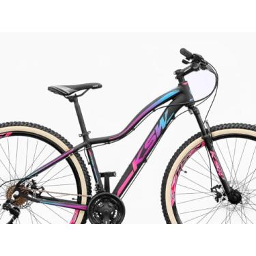 Imagem de Bike Feminina Aro 29 Modelo Retrô Quadro KSW MWZA Alumínio com 27 Marchas Transmissão 3x9 com Freio a Disco e Suspensão 80mm,15,Preto Rosa Azul