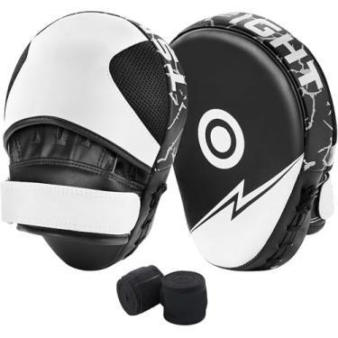 Imagem de Luvas profissionais de boxe com foco curvo – Equipamento ergonômico de treinamento MMA/Kickboxing com couro PU absorvente de choque e espuma de alta densidade para uso em academia/casa (B/branco)