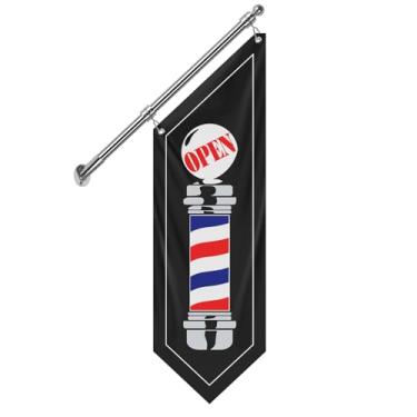 Imagem de QSUM Bandeira de parede de barbearia, placa externa de lona dupla face com poste de aço inoxidável e suporte de parede, banner de barbeiro suspenso à prova de intempéries para corte de cabelo - 30,5 x