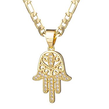 Imagem de kelistom Colar com pingente de mão Hamsa banhado a ouro 14 K, corrente fígaro plana de 3 mm, com zircônia cúbica embutida, colares Hamsa para mulheres, homens, meninas, meninos, chain length: 18",