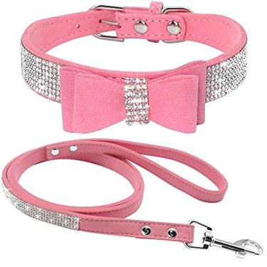 Imagem de Haoyueer Conjunto de coleira de cachorro com strass de couro de camurça macia elegante deslumbrante bonito deslumbrante com elegante joia de cristal para gato cachorro coleira de cachorro (PP, rosa-1)