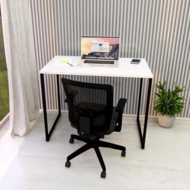 Imagem de Mesa Home Office 100% Mdf 90x45 Cabe Em Qualquer Lugar Branca com pés Preto