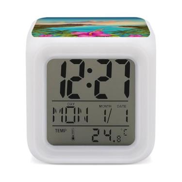 Imagem de RTFGHJS Despertador Olá Havaí Despertador Colorido Pequeno Display LED Despertador Digital Compacto Relógio Eletrônico para Quartos Cabeceira Mesa Prateleira Tamanho Único