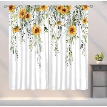 Imagem de YSWOW Cortinas de folhas de eucalipto, girassol, arte floral, cortinas blackout para quarto, cozinha, decoração, conjunto de tecido, 2 painéis, 106 x 113 cm, taxa de sombreamento de 30%