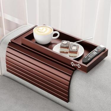 Imagem de Bestjing Bandeja de apoio de braço de sofá de bambu para sofá - mesa dobrável 2 em 1 com bandeja removível deslizante - suporte antiderrapante para poltrona de sofá para bebidas, celular, TV remota