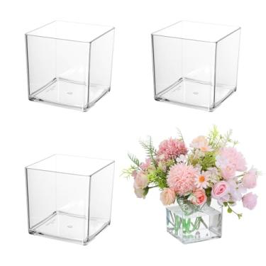 Imagem de 4 vasos de flores de acrílico transparente 15 x 15 x 15 cm, vasos de flores transparentes para centros de mesa de casamento, festa, decoração de escritório em casa