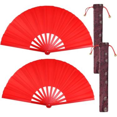 Imagem de ELE-Jiaruila Pacote com 2 ventiladores dobráveis de tafetá de poliéster vermelho para dança, tai chi, performance | Ventilador grande de tecido de estilo tradicional com 2 bolsas pretas | Ventilador
