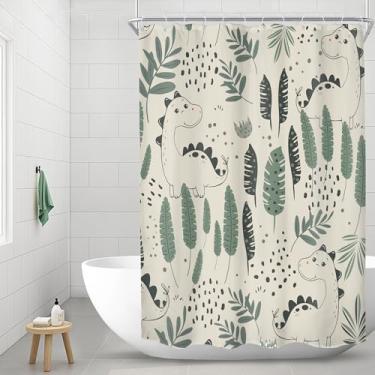 Imagem de Riyidecor Cortina de chuveiro infantil engraçada dinossauro 122 cm L x 182 cm barraca pequena fofa verde desenho animado dinossauros folhas tropicais planta bege adorável decoração de banheiro tecido