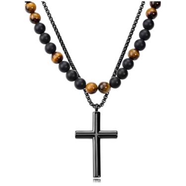 Imagem de Jovivi Conjunto De Colar Masculino Com 2 Peças Ágata Preta Fosca, Olho Tigre, Pedra Preciosa, Contas Cristal Cura, Pingente Cruz Aço Inoxidável Para Homens, Joia Meditação