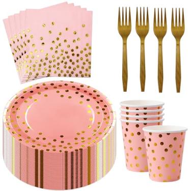 Imagem de Sveikie 160 pratos de papel rosa e dourado, pratos e guardanapos de festa de bolo de aniversário, utensílios descartáveis de casamento para aniversário, formatura, casamento e celebrações de férias