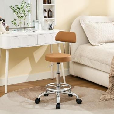 Imagem de FIRAVOE Banqueta de rodinhas com costas, cadeira de rodinhas ajustável para tatuagem de 49,5 a 67,6 cm, banqueta de cabeleireiro marrom camelo com rodas (marrom camelo)