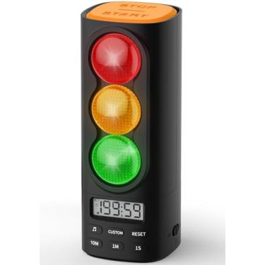 Imagem de MeesMeek Temporizador digital visual de semáforo, ajuste de volume do visor LCD, com 4 toques para crianças, sala de aula, casa, cozinha, jogo, contagem regressiva, pausa, função de memória