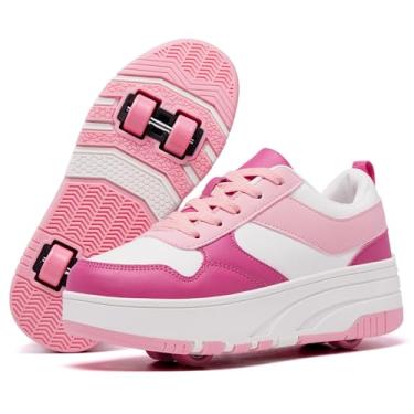 Imagem de ANEFUN Tênis de patins para mulheres, meninas, destacáveis, com rodas e 4 rodas, adequado para iniciantes, Rosa - branco, 37