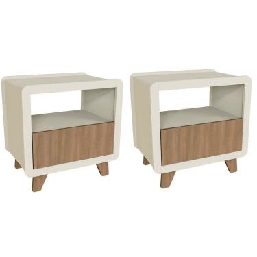 Imagem de Conjunto 2 Mesas de Cabeceira 55cm com Gaveta e Nicho 100% Mdf Padrão Planejados Mabel Off White / Louro Freijó Grann