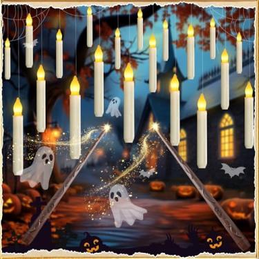 Imagem de Homemory 20 velas flutuantes com varinha, vela decorativa mágica amarela quente de LED, velas cônicas amarelas quentes sem chama para decoração de festa de Halloween