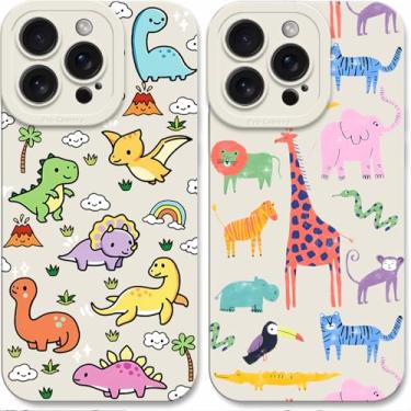 Imagem de ECOLYF [Pacote com 2] Capa fofa de desenho animado compatível com iPhone 14, proteção total à prova de choque, capa de designer para meninos e crianças, estampa de dinossauro e zoológico.