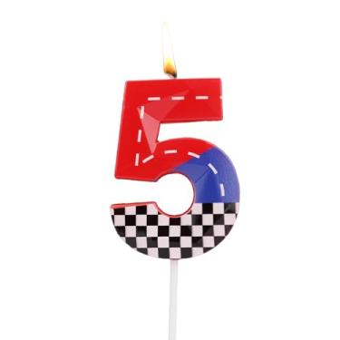 Imagem de SAVITA Velas Aniversário com Tema Corrida, Decoração de Bolo com Tema Jogo de Corrida em Preto e Branco Xadrez Vermelho e Azul Adequado para Meninose Meninas (Número 5)