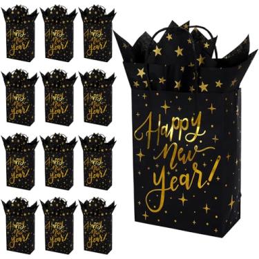 Imagem de JarThenaAMCS 24 sacos de papel feliz ano novo com 30 folhas de papel de seda preto dourado estrela doces sacos com alças para lembrancinhas de festa de Natal Ano Novo suprimentos
