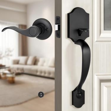 Imagem de Gaurqiah Conjunto de maçaneta de porta frontal preta com alavanca de passagem, fechadura não incluída, maçaneta externa para cilindro único ou fechadura inteligente, preto fosco
