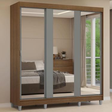Imagem de Guarda-roupa Casal Com Pés 3 Portas De Correr De Espelho Rustic Cinza Reno Madesa