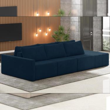 Imagem de Sofá Ilha Modulado Milos 342cm Puff Lateral Veludo Azul Marinho G33 - Gran Belo