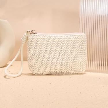 Imagem de Bolsa feminina de palha de tecido – pequena bolsa de moedas e porta-cartão, carteira boho chique para dinheiro e cartões., Branco